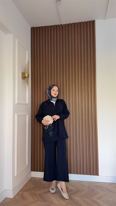 MEYSADESIGN PANTOLON TAKIM Vanilya Boncuk İşlemeli Tensel Pantolonlu Takım Lacivert