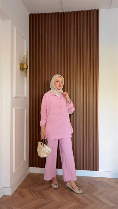 MEYSADESIGN PANTOLON TAKIM Vanilya Boncuk İşlemeli Tensel Pantolonlu Takım Pembe