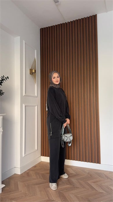 MEYSADESIGN PANTOLON TAKIM Yandan Fermuarlı Pike İkili Takım Siyah