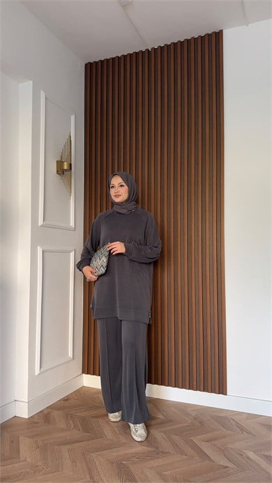 MEYSADESIGN PANTOLON TAKIM Yandan Fermuarlı Pike İkili Takım Antrasit
