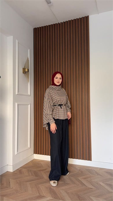 MEYSADESIGN PANTOLON TAKIM Yarasa Kol Ekoseli Pantolonlu Takım Bordo Lacivert