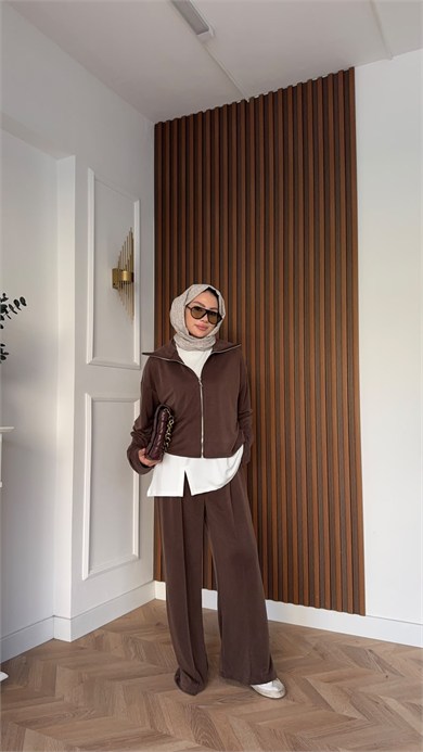 MEYSADESIGN PANTOLON TAKIM Yırtmac Detaylı Üçlü Eşofman Takım Acı Kahve