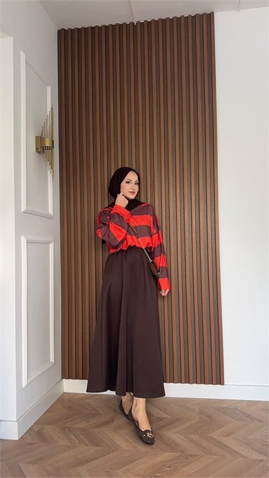 MEYSADESIGN SWEAT Nage Çizgili Sweatshirt Kırmızı Kahve