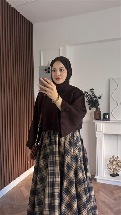 MEYSADESIGN TESETTÜR TRİKO Crop Etek Üstü Kazak Acı Kahve