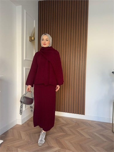 Saç Örgü Atkılı Takım Bordo
