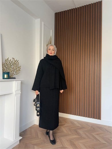 Saç Örgü Atkılı Takım Siyah
