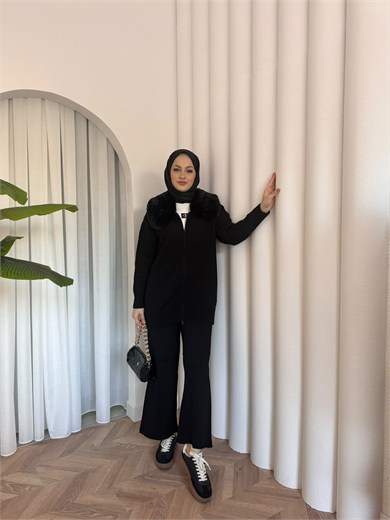 MEYSADESIGN TESETTÜR TRİKO Seyyar Kürk Yakalı Triko Takım Siyah