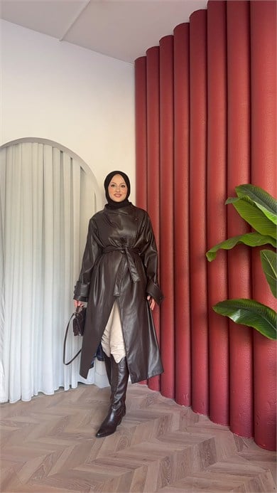 MEYSADESIGN TRENCKOT Asimetrik Deri Trençkot Acı Kahve