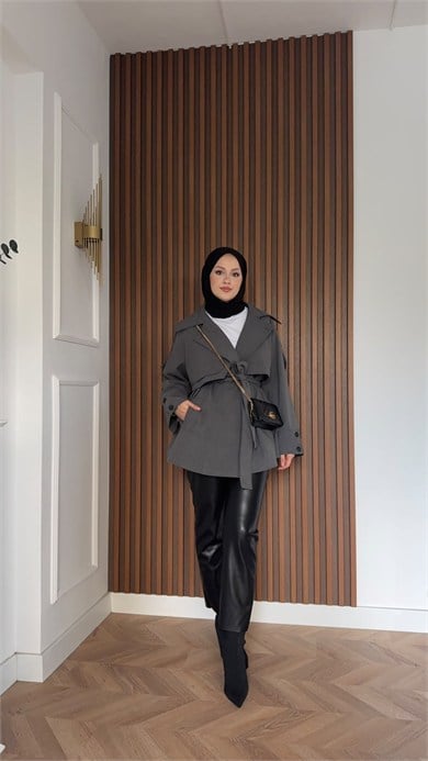 MEYSADESIGN TRENCKOT Kısa Gadget Oversize Trençkot Antrasit