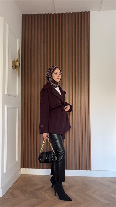 MEYSADESIGN TRENCKOT Kısa Gadget Oversize Trençkot Burgonya