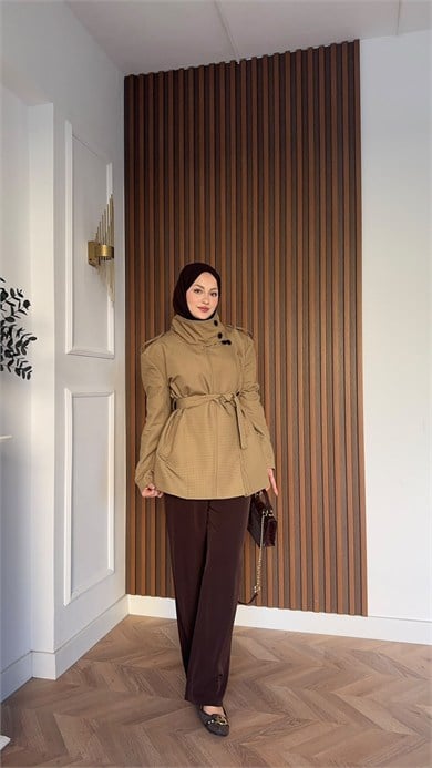 MEYSADESIGN TRENCKOT Mini Ekoseli Trençkot Yağ Yeşili