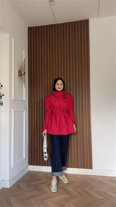 MEYSADESIGN TRENCKOT Mini Ekoseli Trençkot Kırmızı