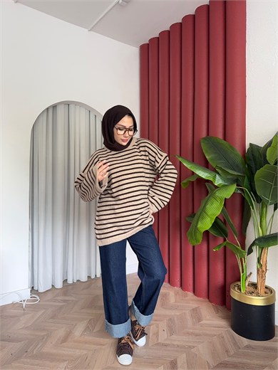 MEYSADESIGN TRİKO KAZAK Çizgili Angora Kazak Bej