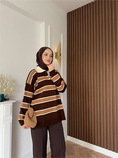 MEYSADESIGN TRİKO KAZAK Çizgili Triko Kazak Kahve Vizon