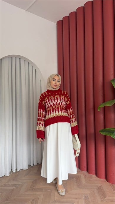 MEYSADESIGN TRİKO KAZAK Nostalji Renkli Kazak Kırmızı