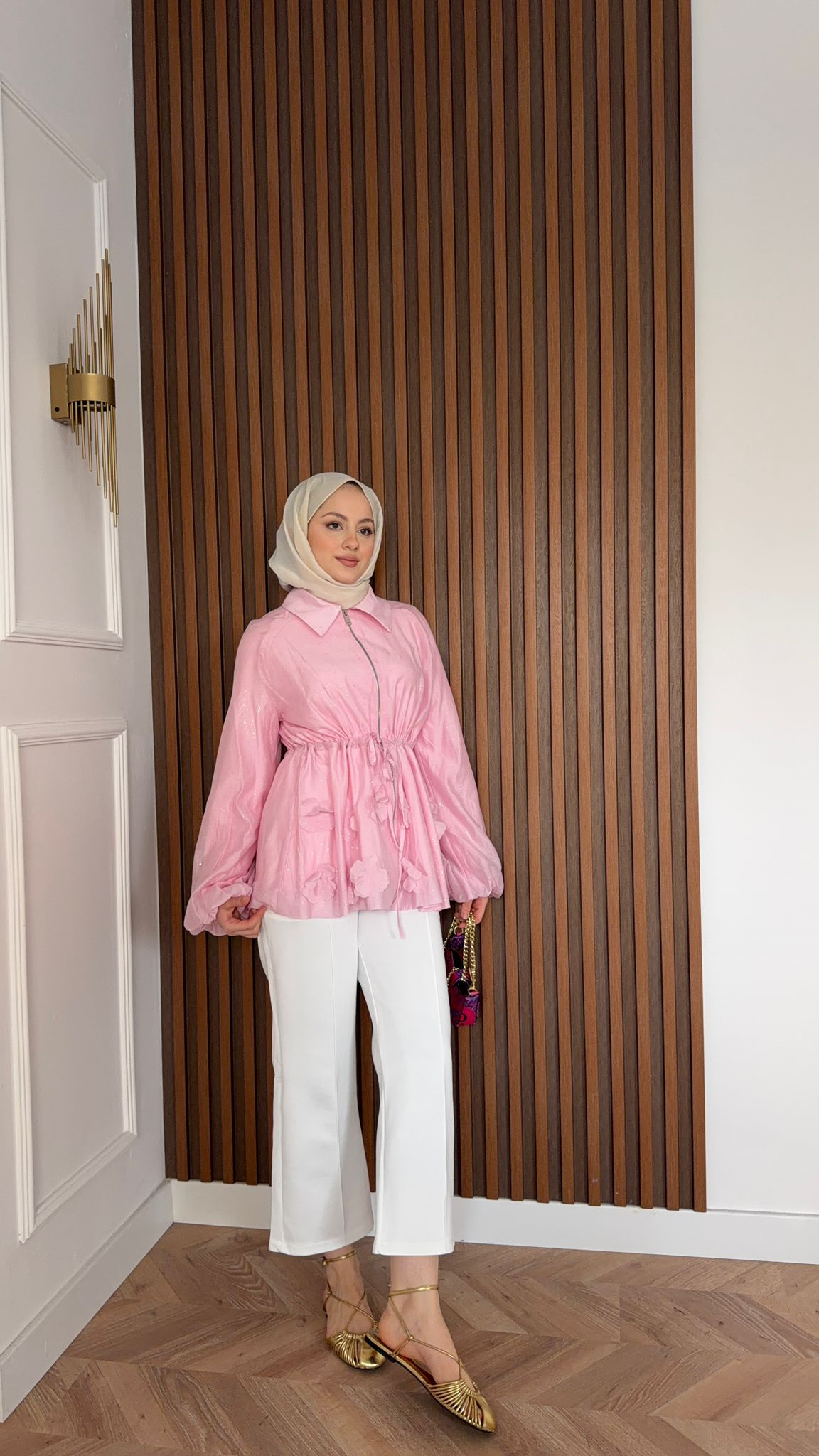 MEYSA JACKETS Alya Çiçekli Simli Tensel Ceket Pembe