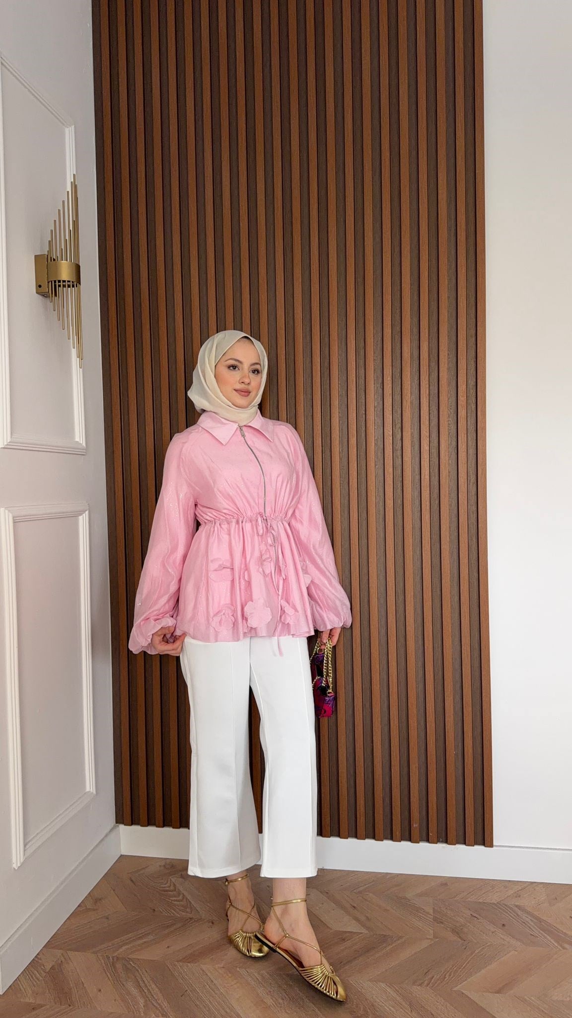 MEYSA JACKETS Alya Çiçekli Simli Tensel Ceket Pembe