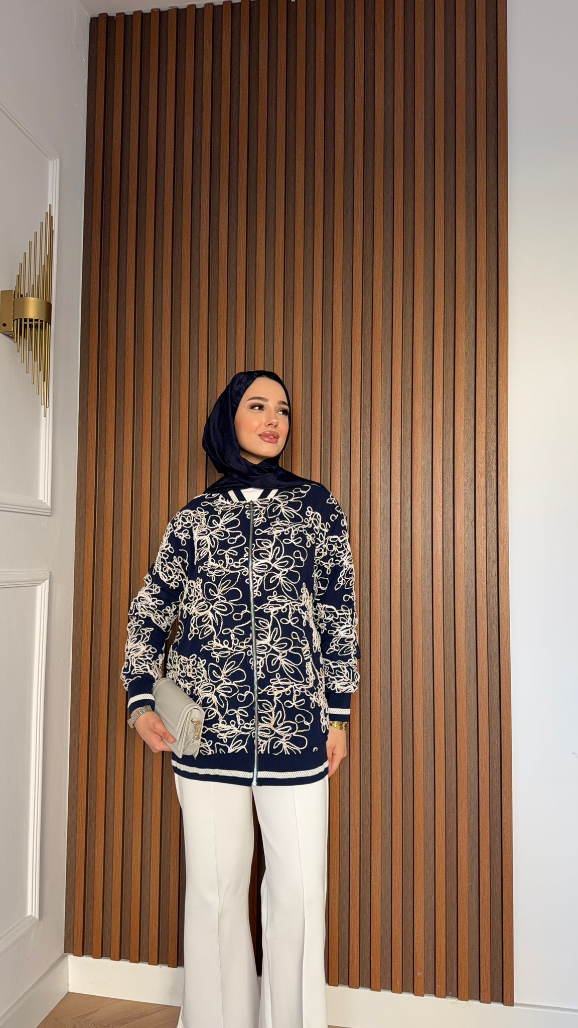 MEYSA JACKETS Nakışlı Şifon Fermuar Detaylı Ceket Lacivert