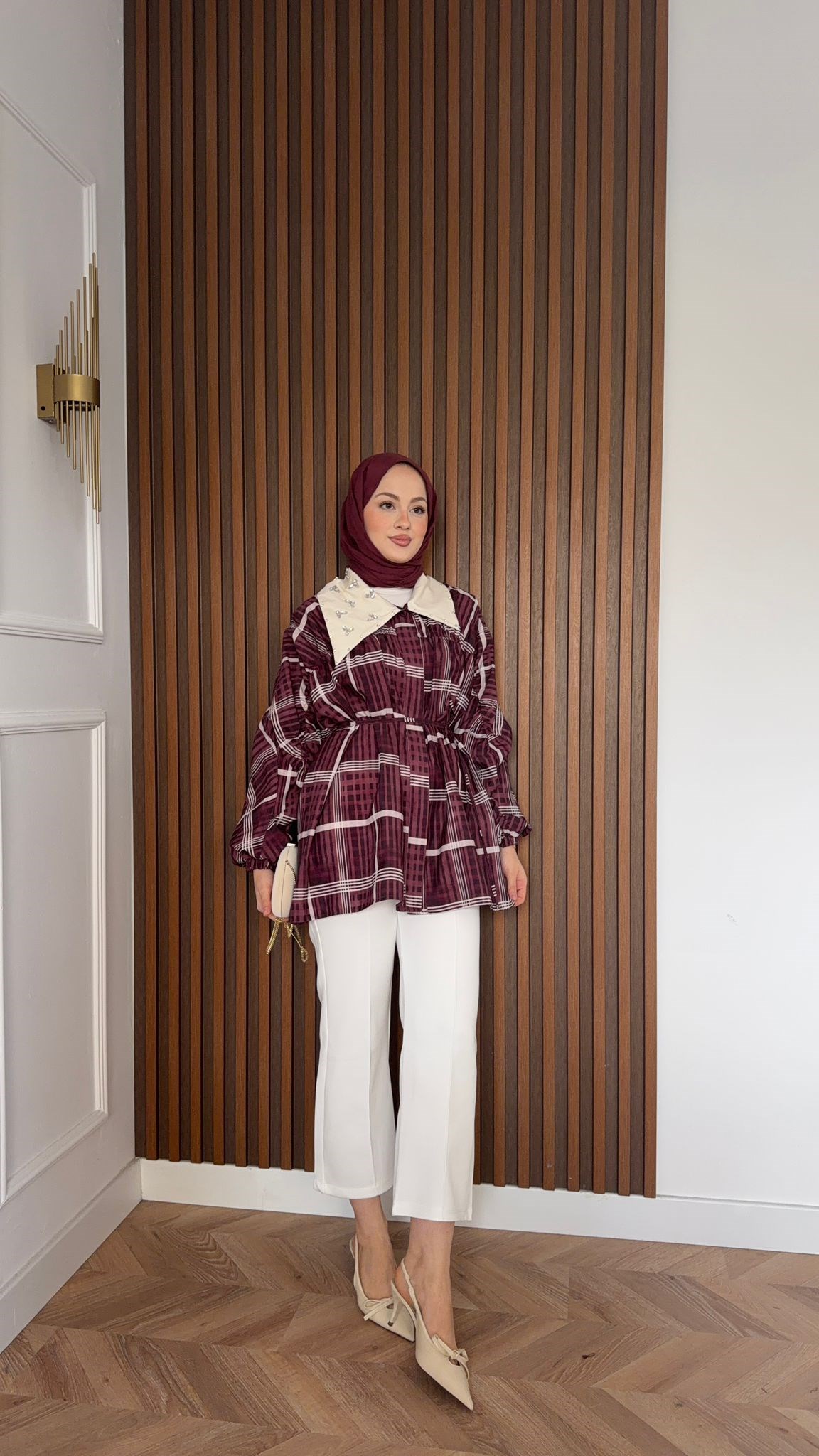 MEYSA JACKETS Yaka Detaylı Ekoseli Ceket Bordo