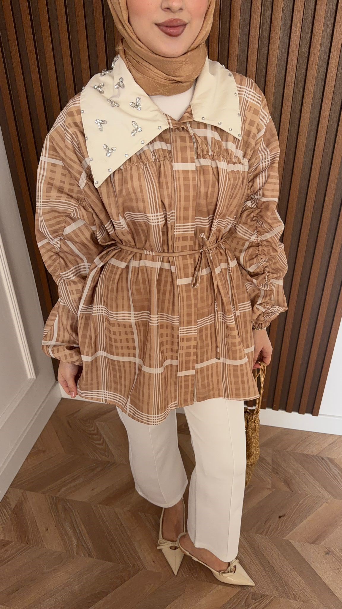 MEYSA JACKETS Yaka Detaylı Ekoseli Ceket Hardal