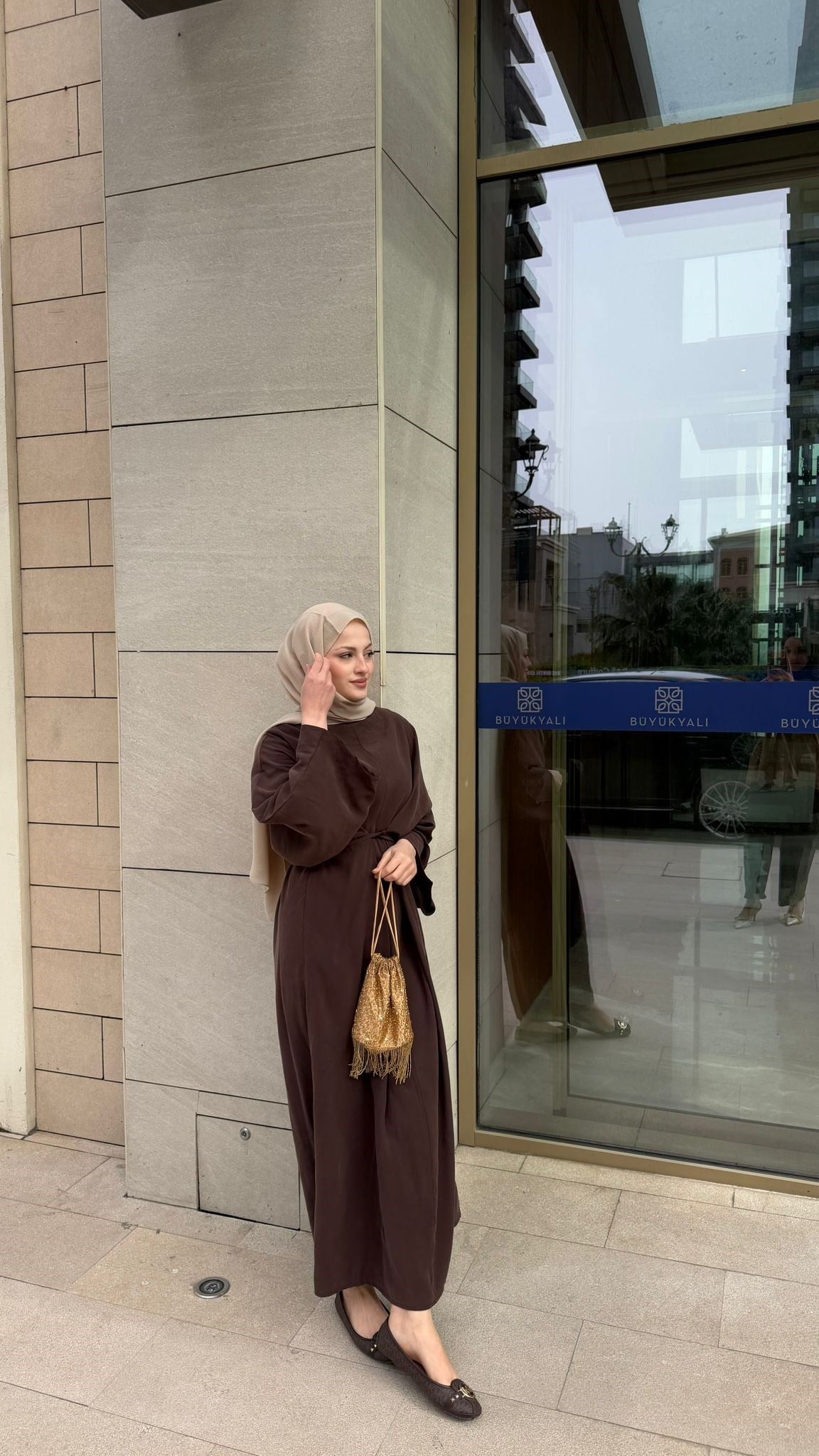 MEYSA ELBİSELER Beli Bağlamalı Tensel Elbise Acı Kahve