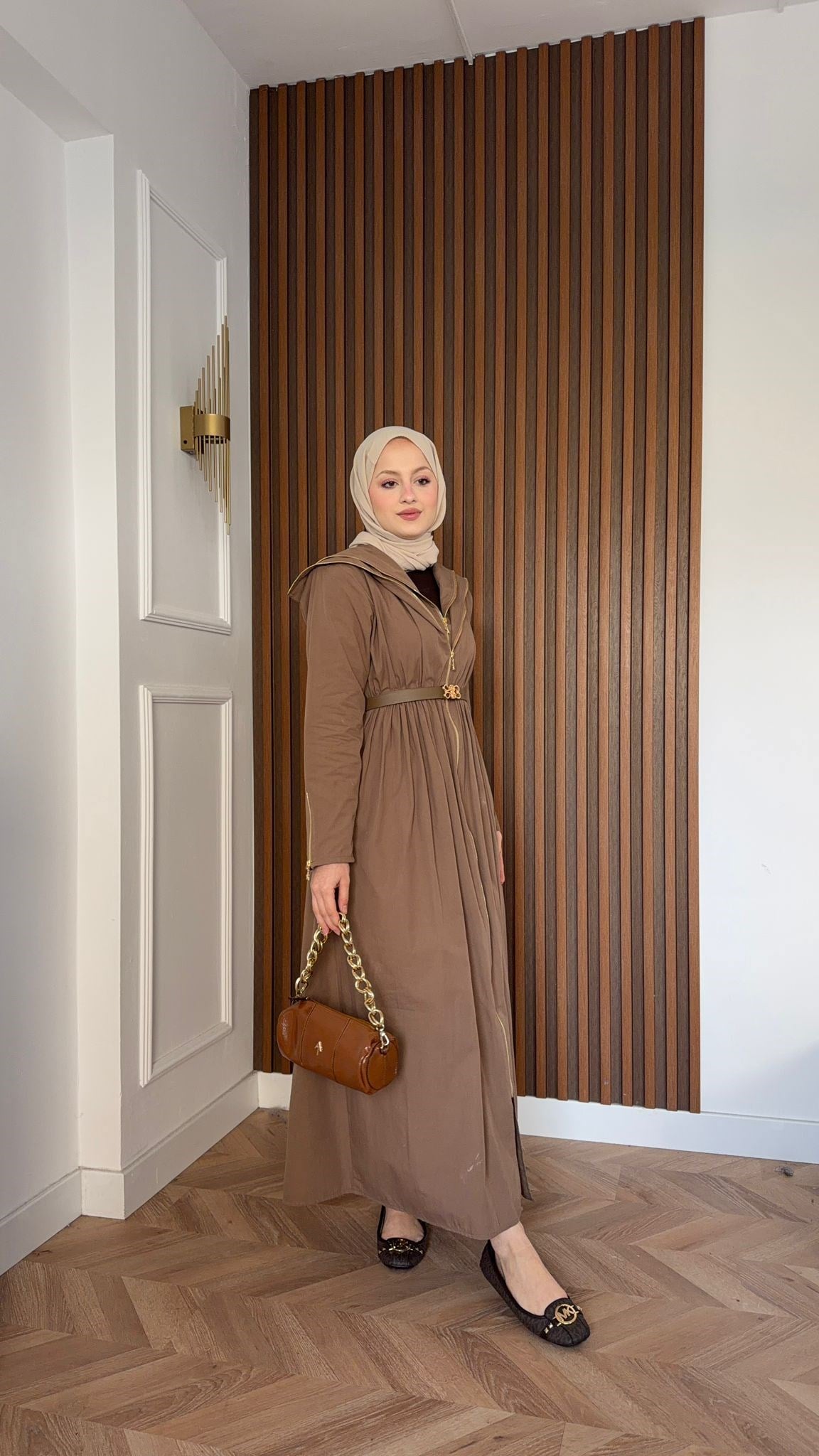 MEYSA ELBİSELER Çift Fermuarlı Kemerli Tasarım Elbise Açık Kahve