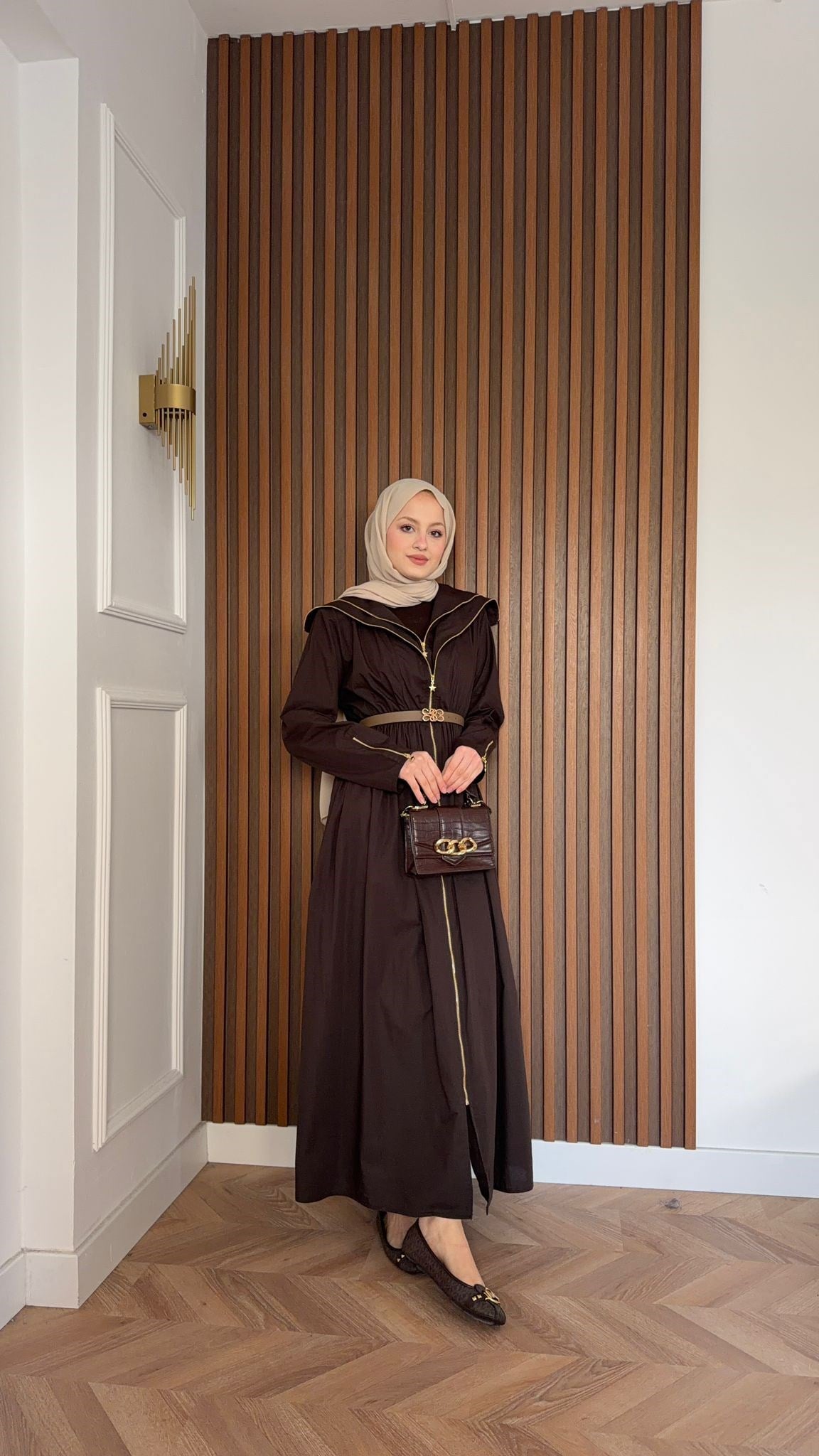 MEYSA ELBİSELER Çift Fermuarlı Kemerli Tasarım Elbise Kahve