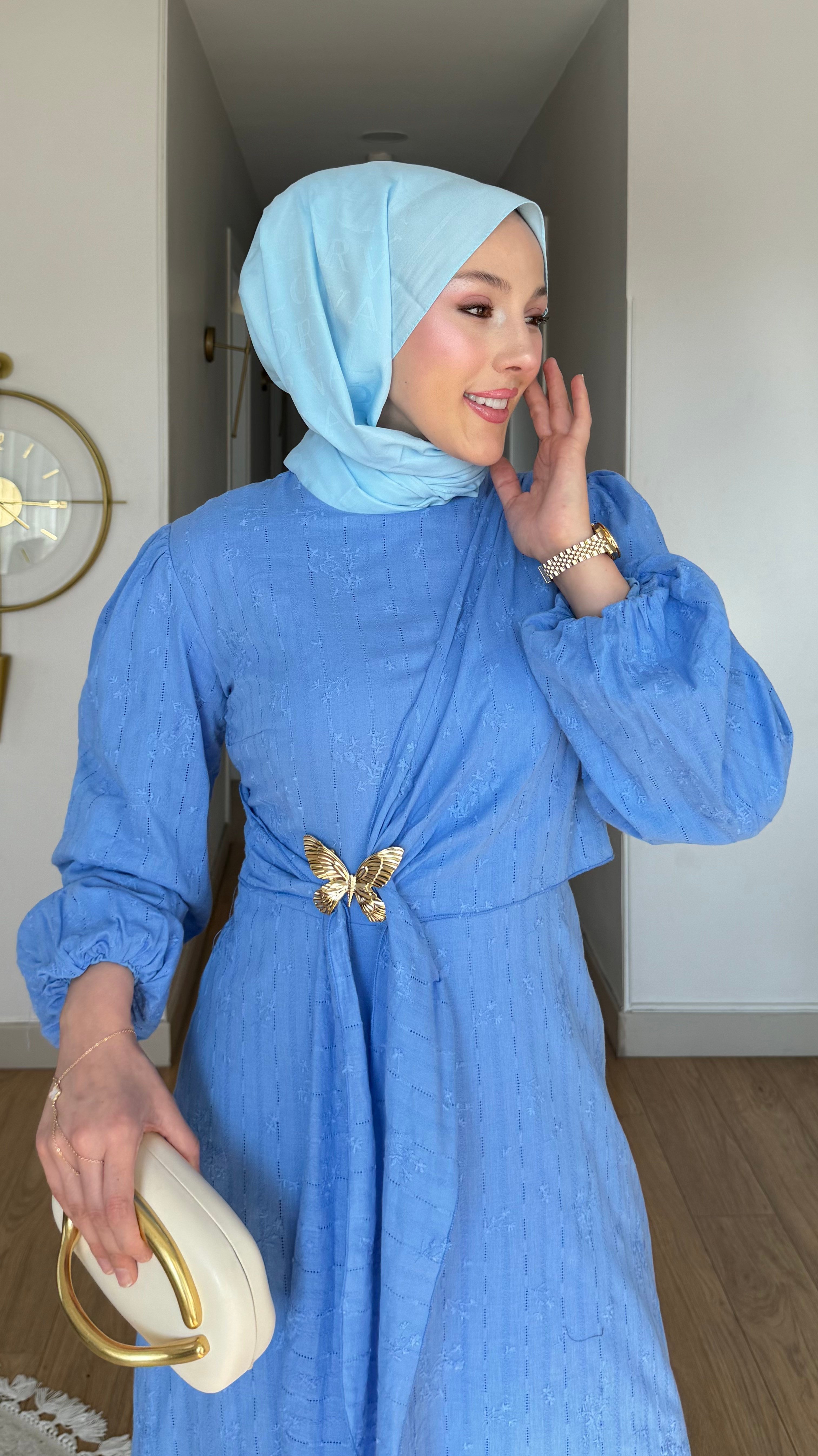 MEYSA DRESSES Kelebek Motifli Dantel Elbise Mavi