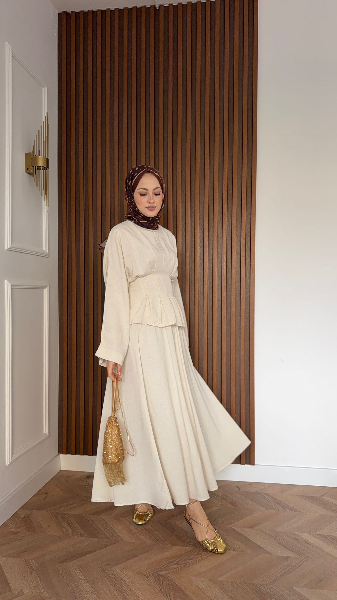 MEYSA SKIRT SETS Beli Pensli Keten Etekli Takım Bej
