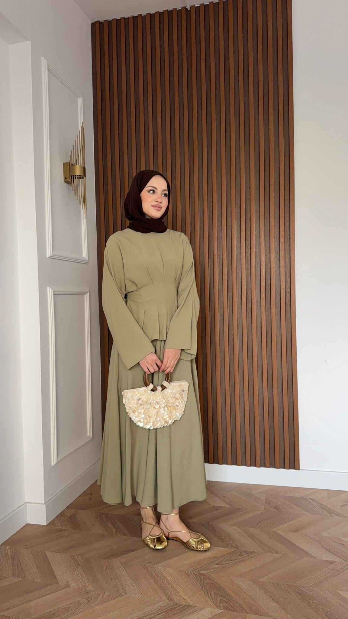 MEYSA SKIRT SETS Beli Pensli Keten Etekli Takım Haki