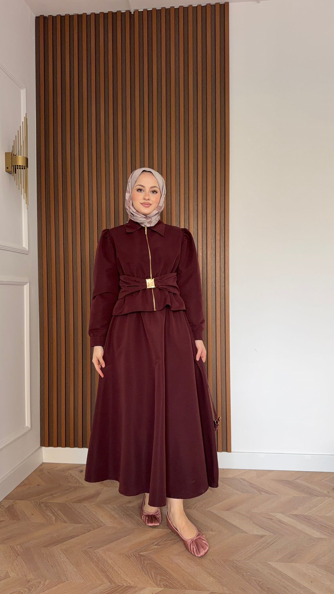 MEYSA SKIRT SETS Chic Gold Kemer Detaylı Etekli Takım Bordo