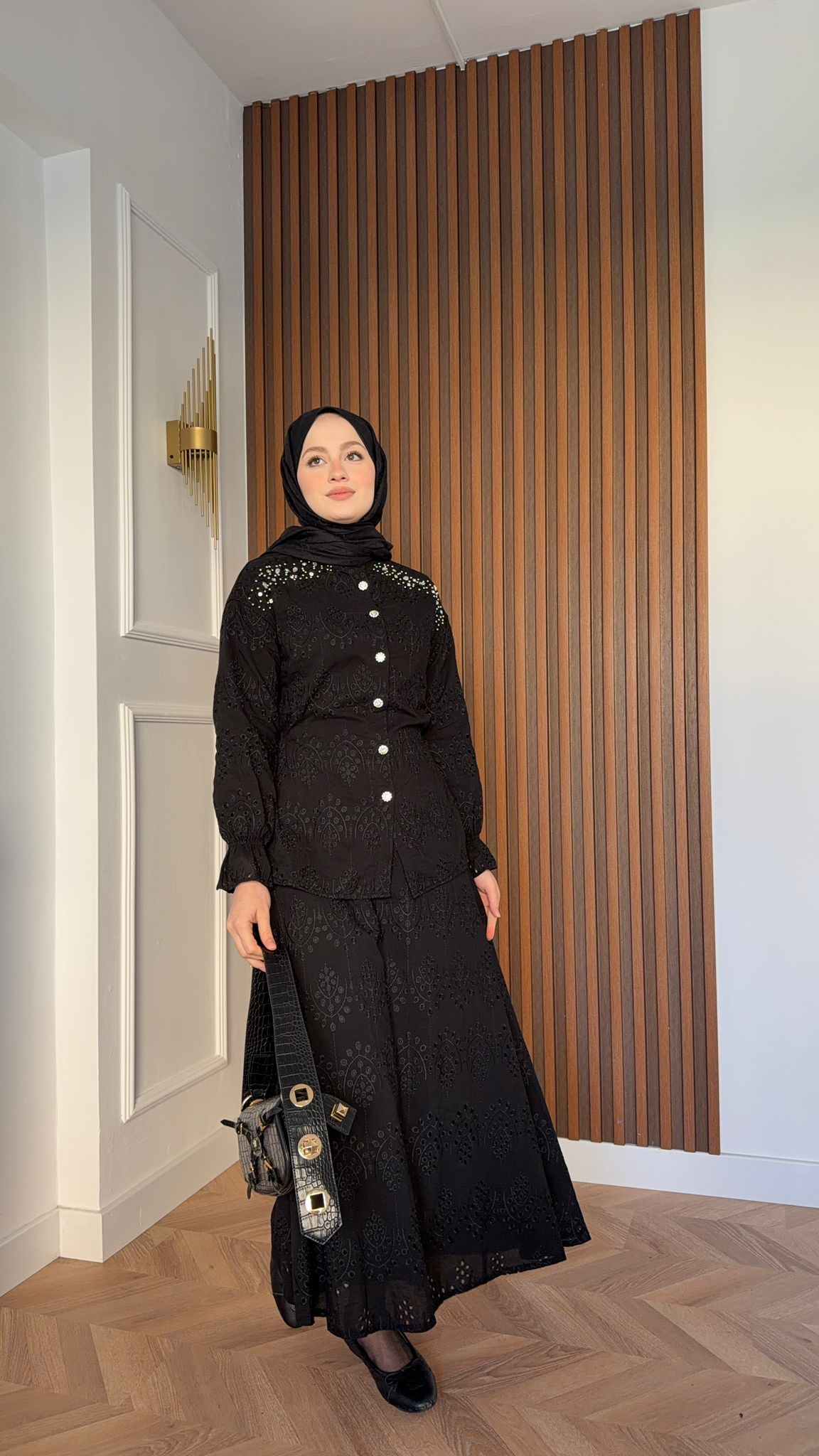 MEYSA SKIRT SETS Omzu Taş İşlemeli Fisto Etekli Takım Siyah