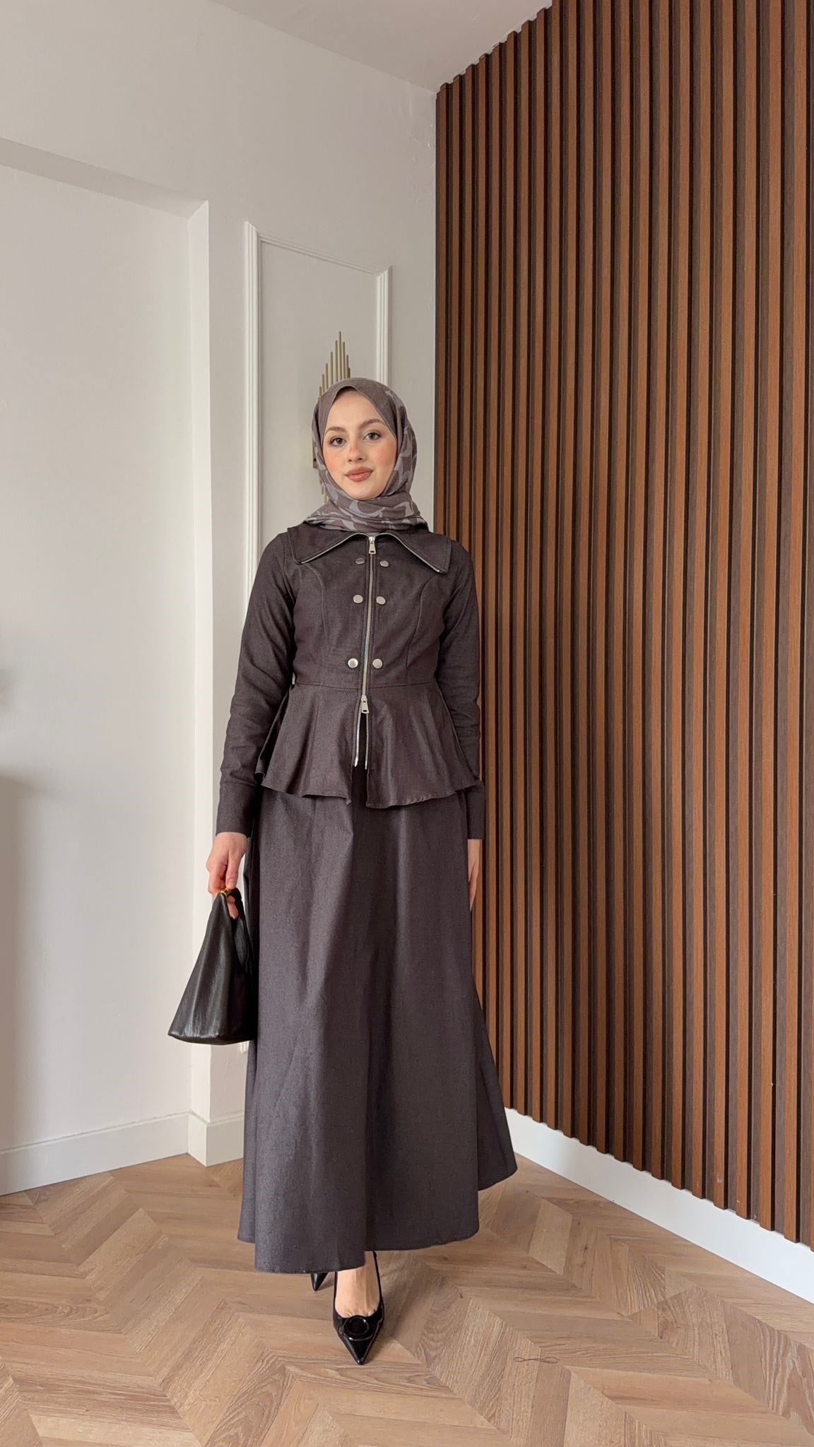 MEYSA SKIRT SETS Zımbalı Fermuarlı Denim Etekli Takım Acı Kahve