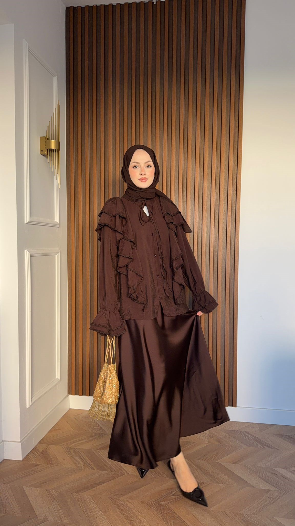 MEYSA SHIRTS Benedic Fırfırlı Tensel Gömlek Acı Kahve