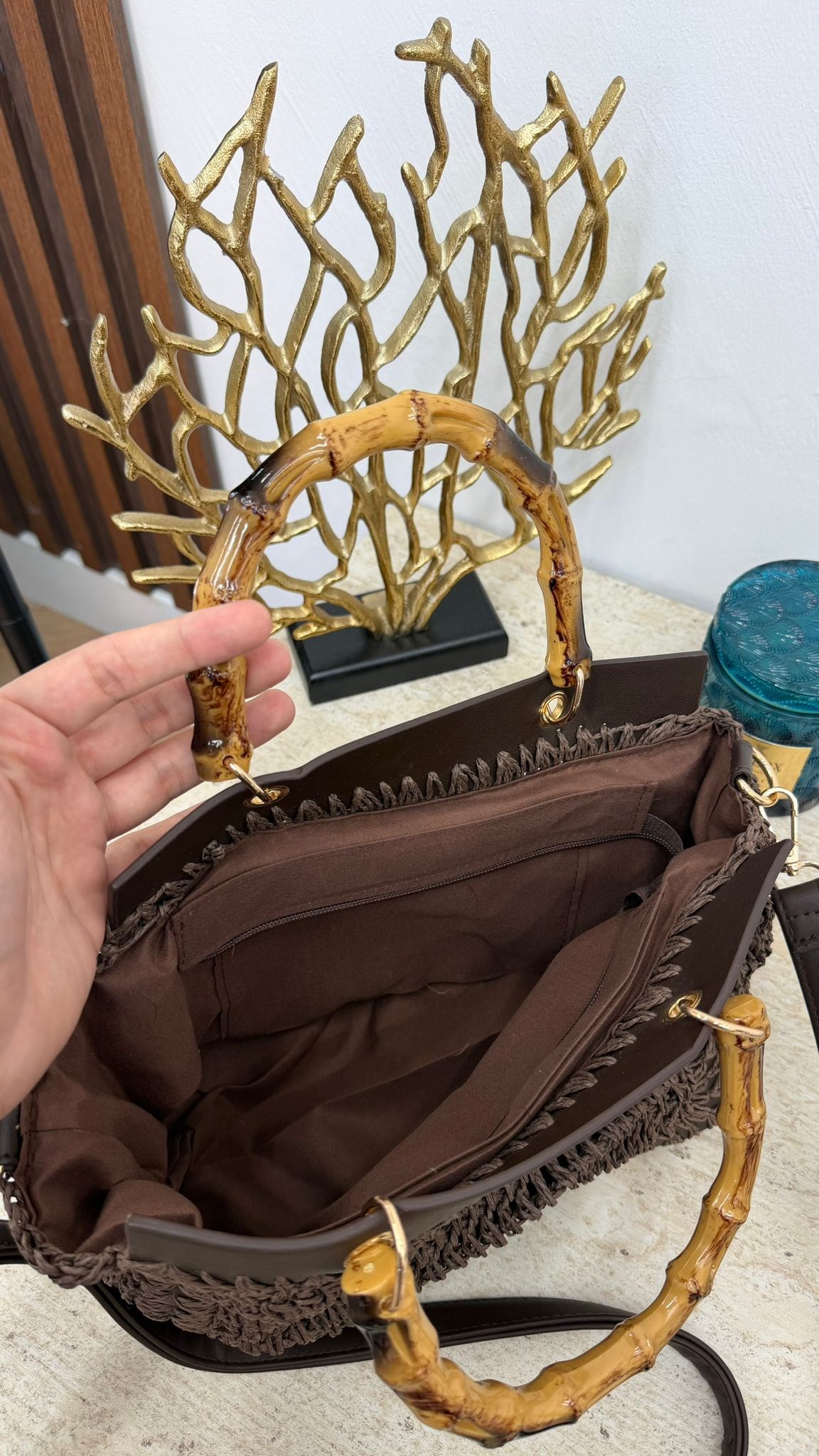 MEYSA HASIR ÇANTA Bambu Saplı Hasır Çanta Acı Kahve - CNT1115