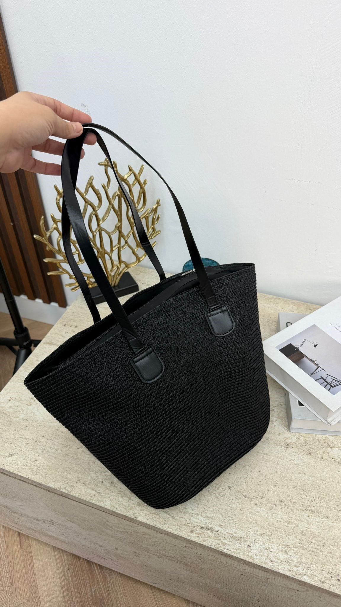 MEYSA HASIR ÇANTA Klasik Siyah Deri Kulplu Hasır Çanta Siyah - CNT2005