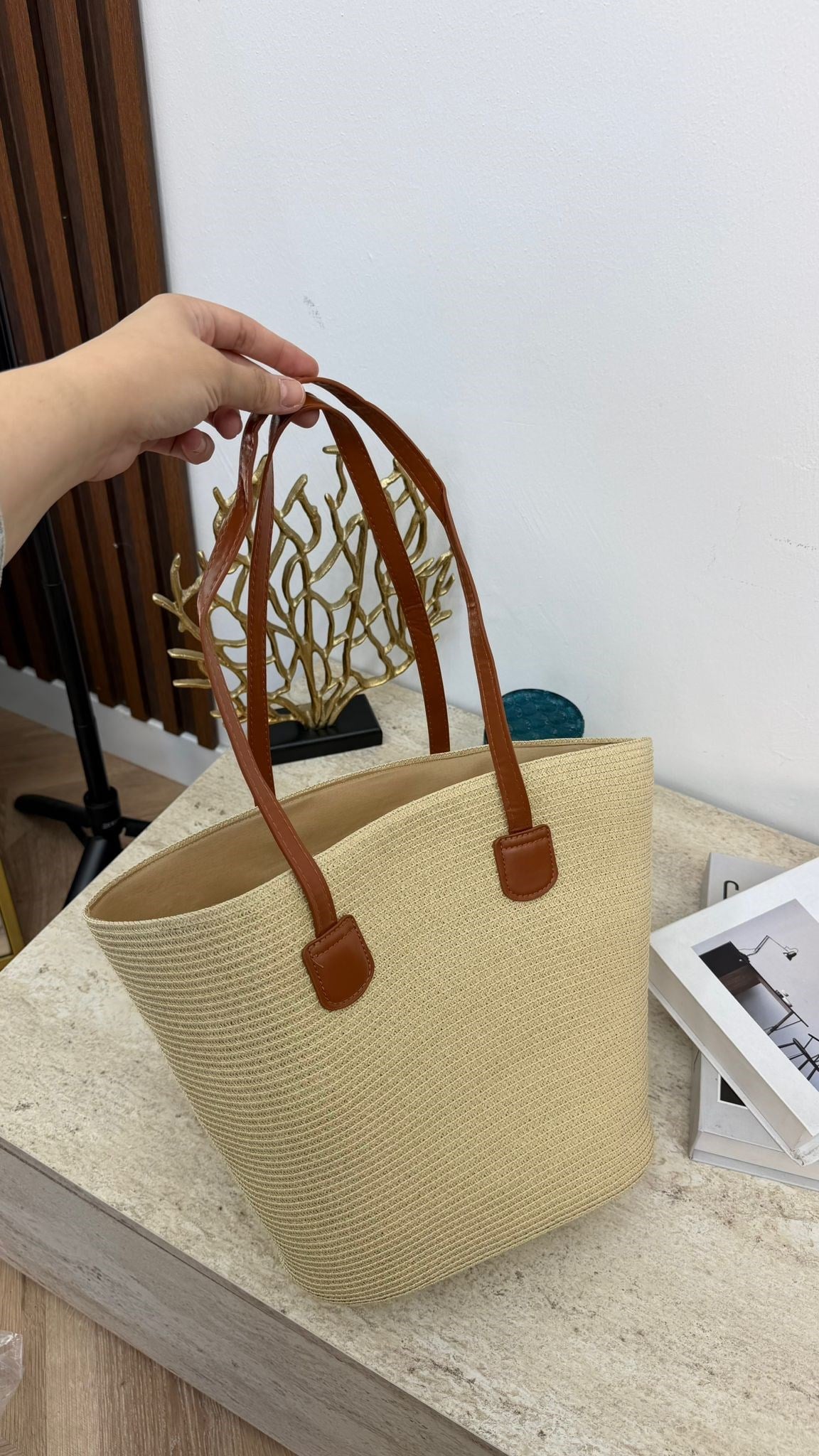 MEYSA HASIR ÇANTA Klasik Siyah Deri Kulplu Hasır Çanta Bej - CNT2005