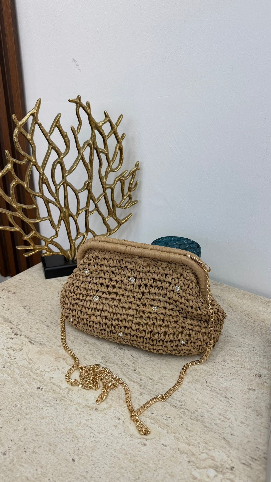 MEYSA HASIR ÇANTA Klasik Zincir Askılı Taşlı Hasır Çanta Camel - CNT1144