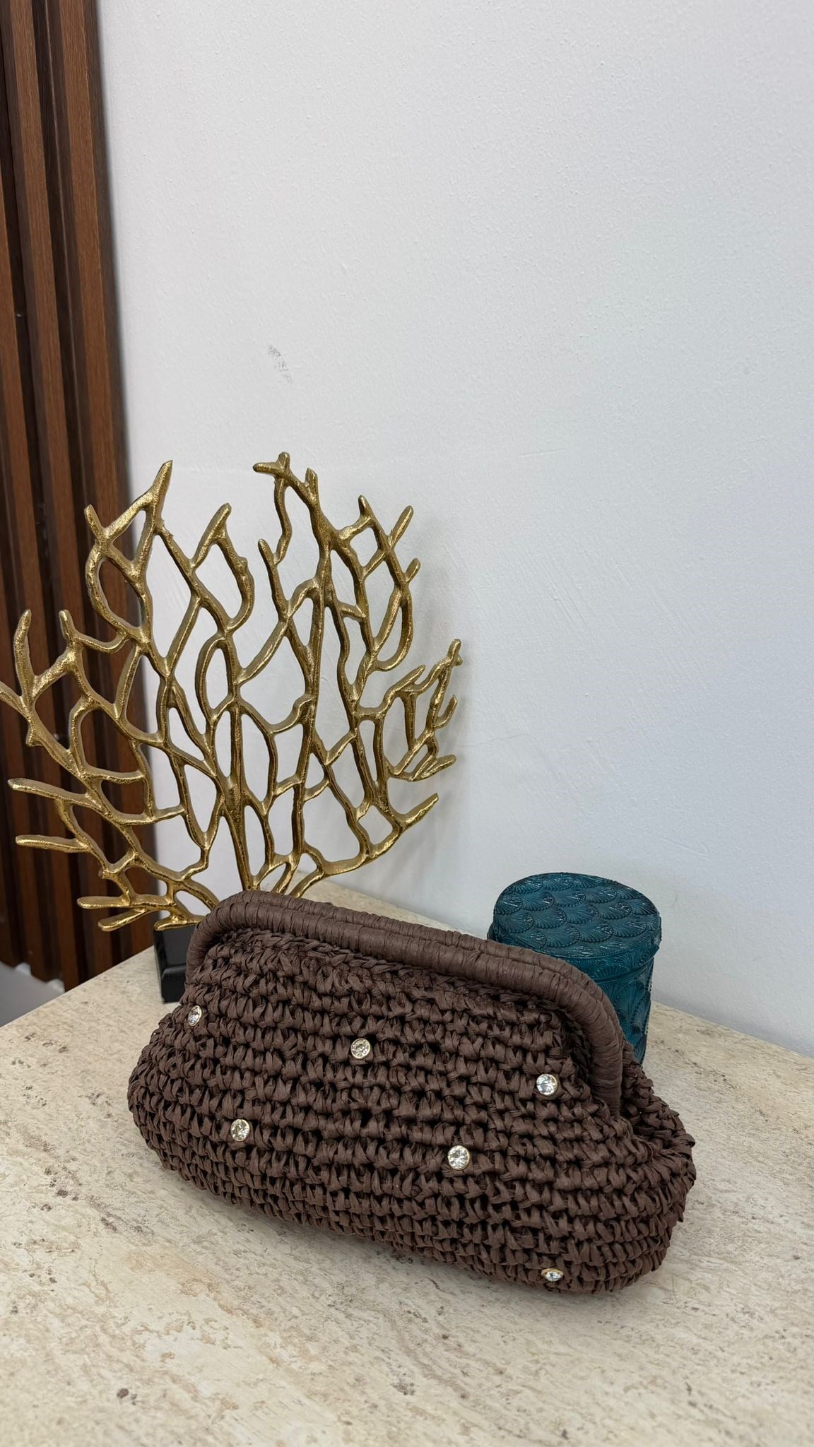 MEYSA HASIR ÇANTA Klasik Zincir Askılı Taşlı Hasır Çanta Acı Kahve - CNT1144