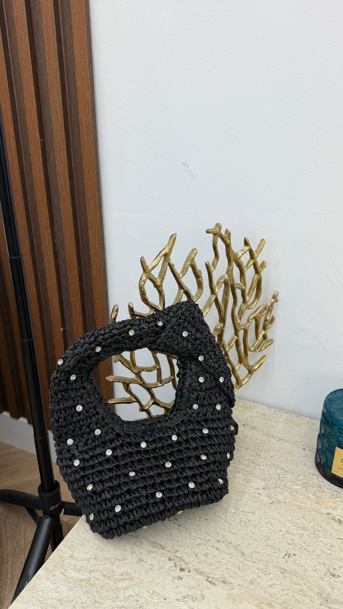 MEYSA HASIR ÇANTA Küçük Taşlı Hasır Çanta Siyah - CNT1048