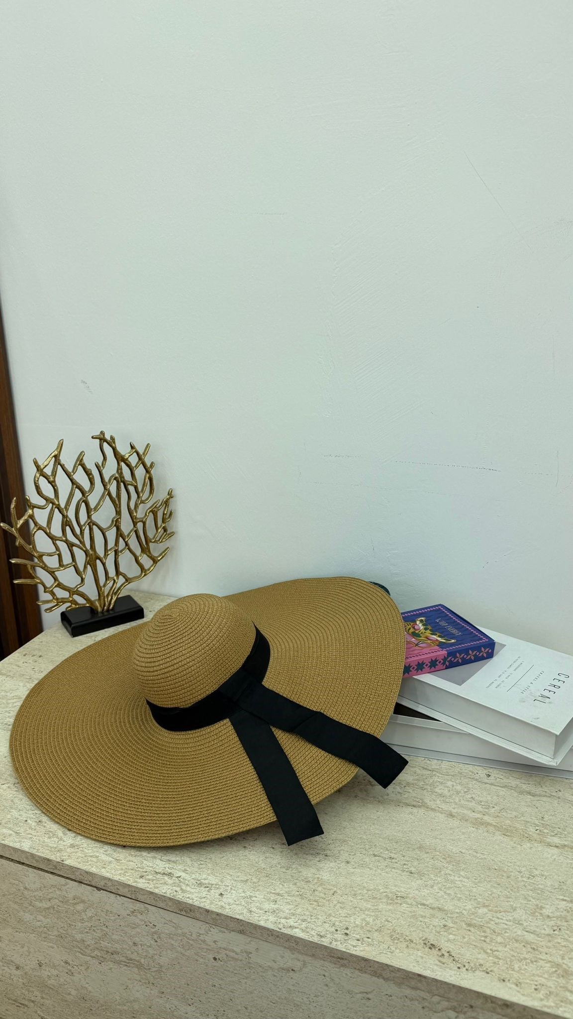 MEYSA HASIR ŞAPKA Klasik Kurdela Detaylı Ekstra Geniş Hasır Şapka Camel - HSR2039