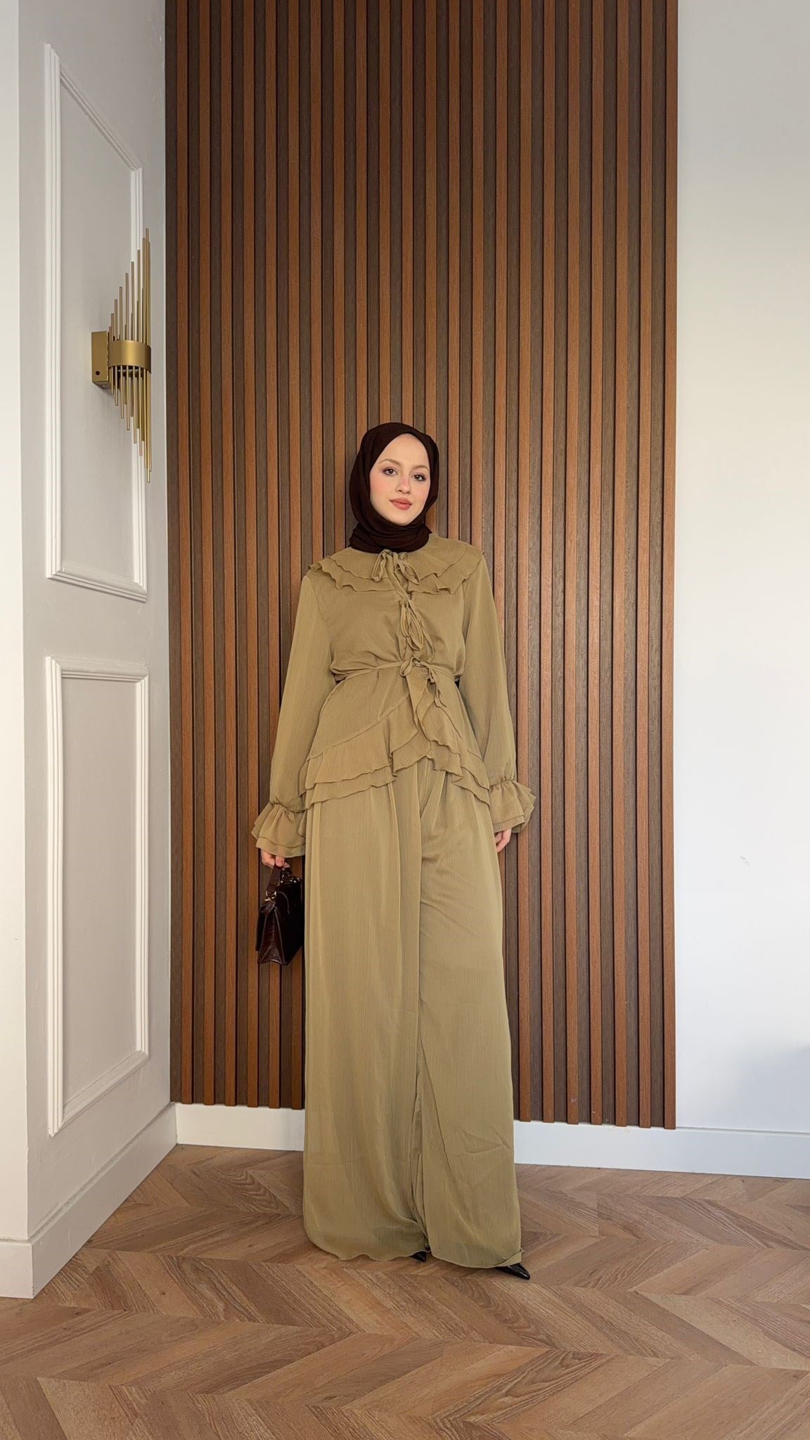 MEYSA TROUSER SETS Aslı Şifon Fırfırlı İkili Takım Yağ Yeşili