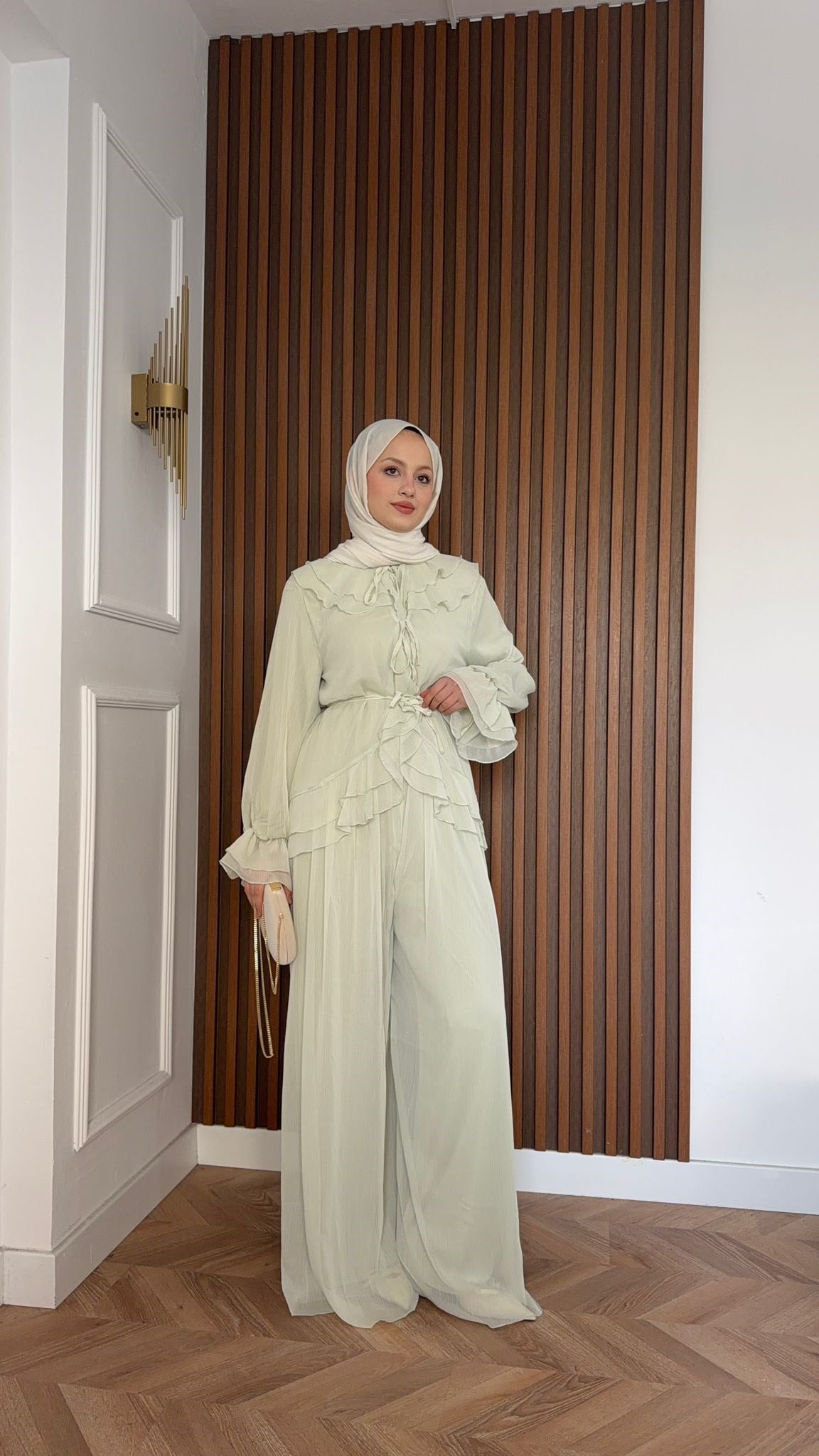 MEYSA PANTOLON TAKIM Aslı Şifon Fırfırlı İkili Takım Mint Yeşili