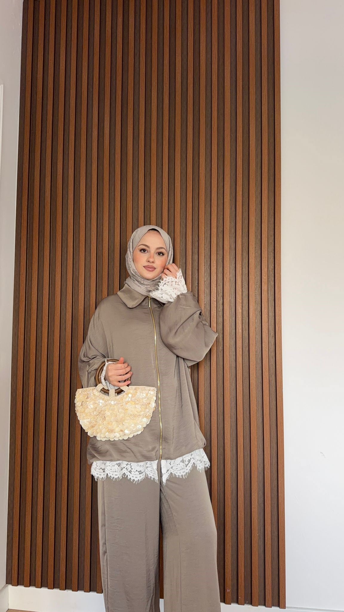 MEYSA TROUSER SETS Dantel Detaylı Safir Saten İkili Takım Haki