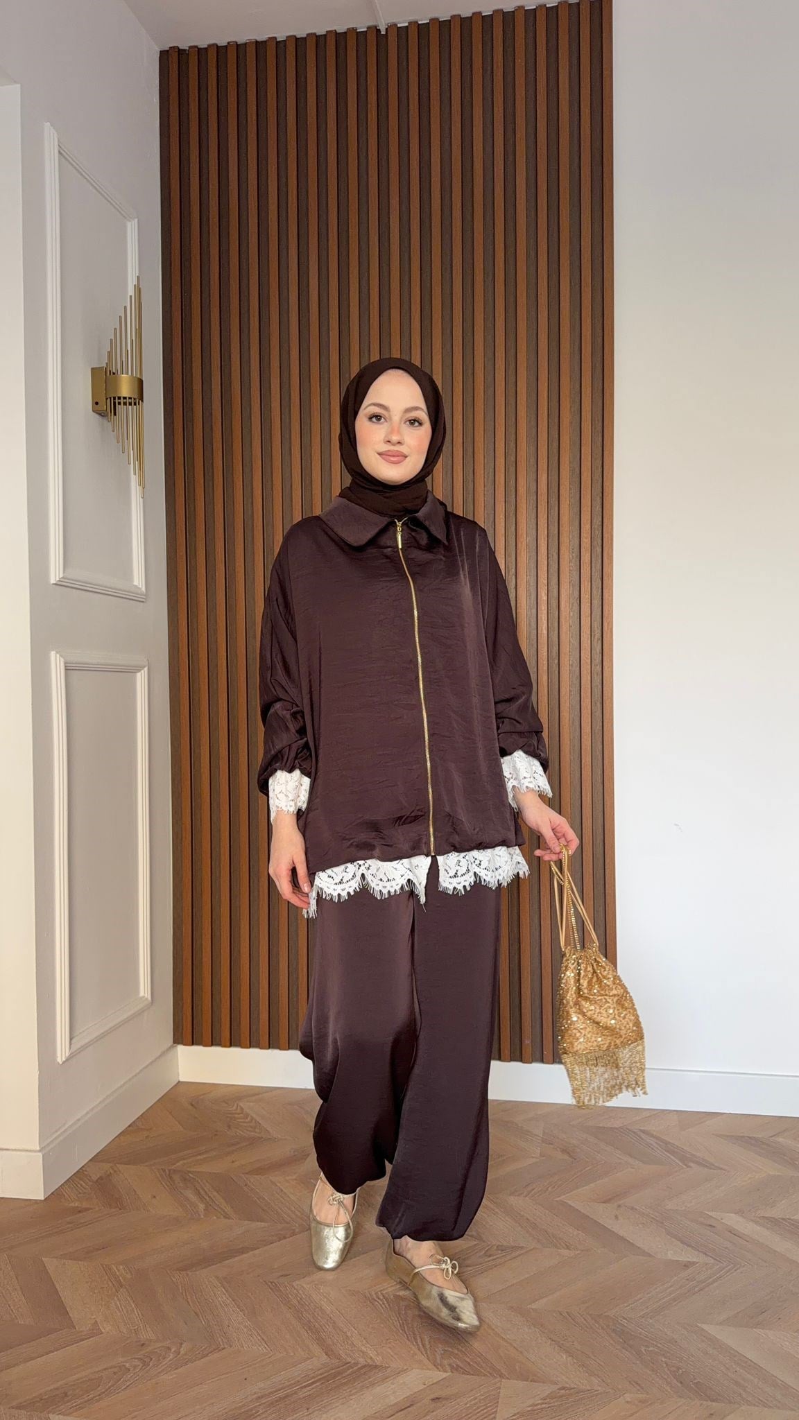 MEYSA TROUSER SETS Dantel Detaylı Safir Saten İkili Takım Acı Kahve