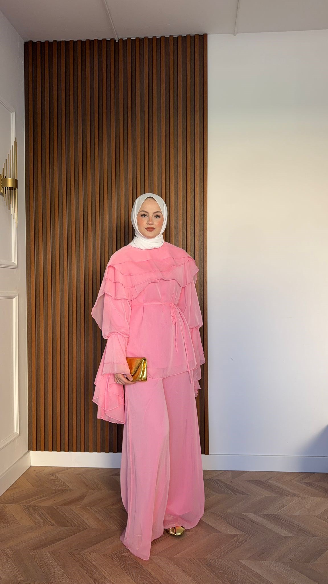 MEYSA TROUSER SETS Daphne Volan Detaylı Şifon Pantolonlu Takım Pembe