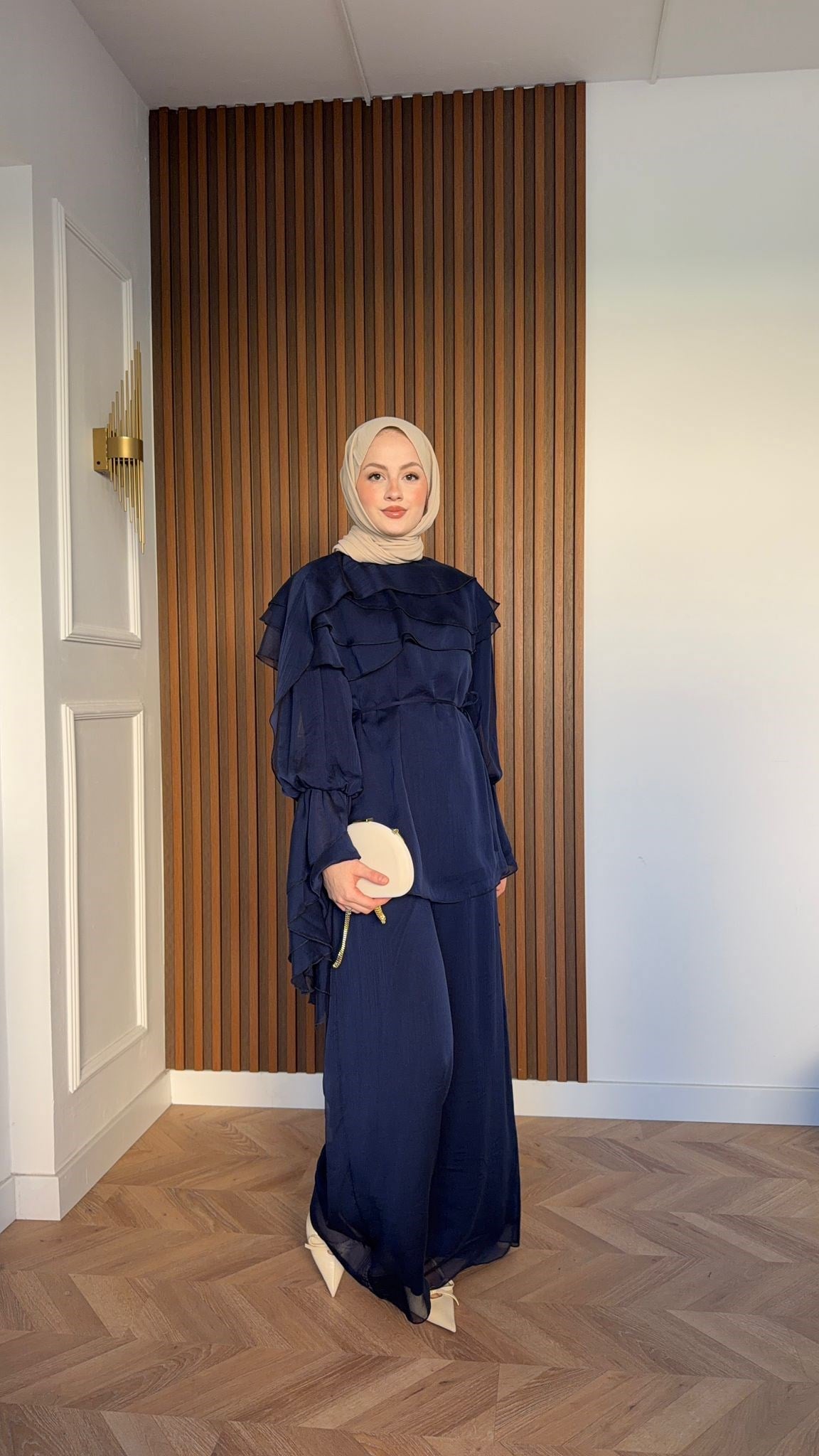 MEYSA TROUSER SETS Daphne Volan Detaylı Şifon Pantolonlu Takım Lacivert