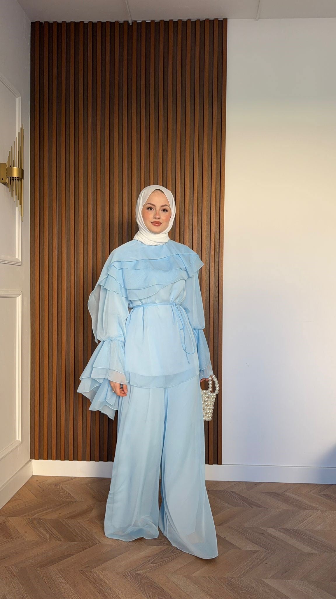 MEYSA TROUSER SETS Daphne Volan Detaylı Şifon Pantolonlu Takım Mavi