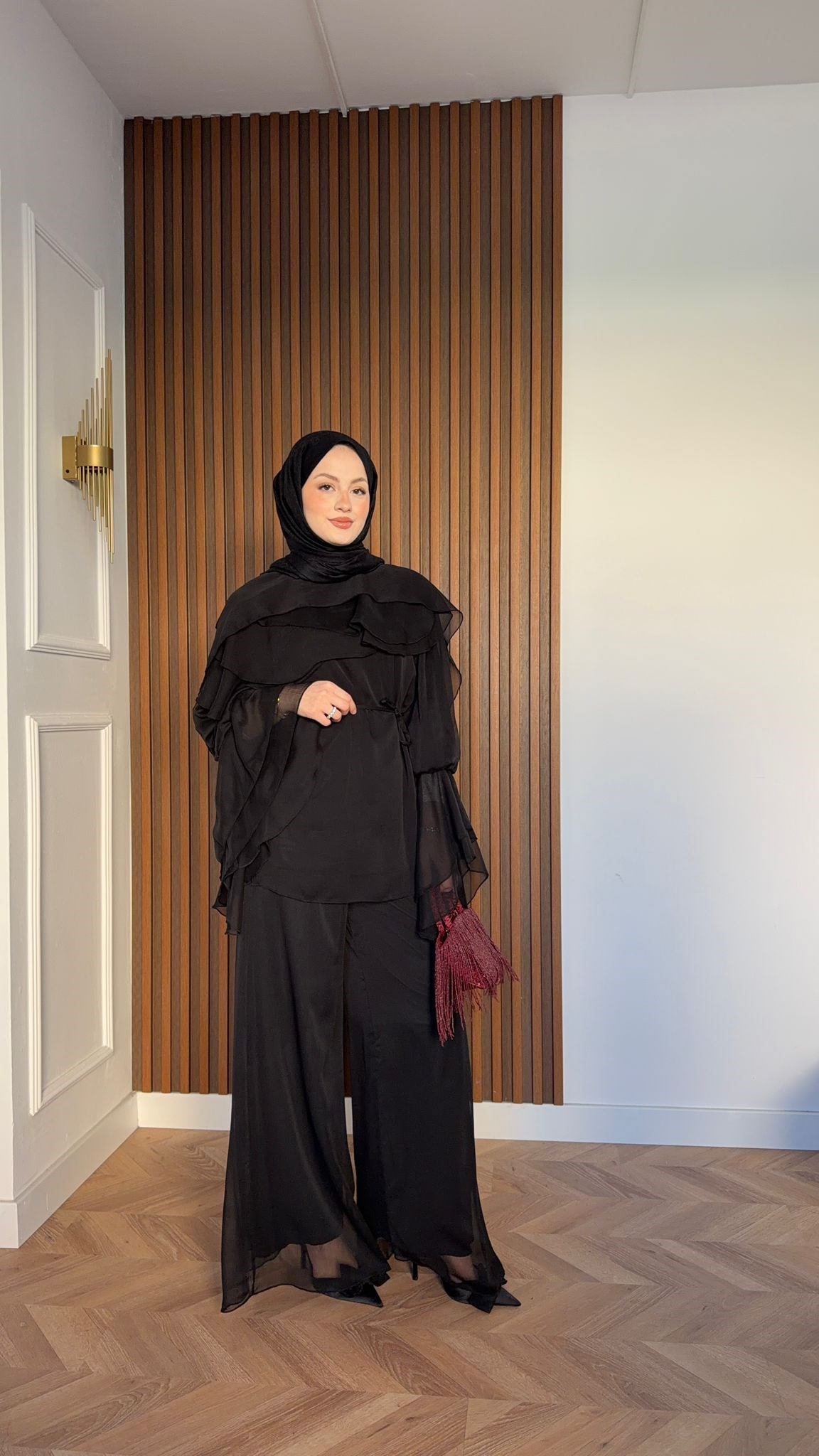 MEYSA TROUSER SETS Daphne Volan Detaylı Şifon Pantolonlu Takım Siyah