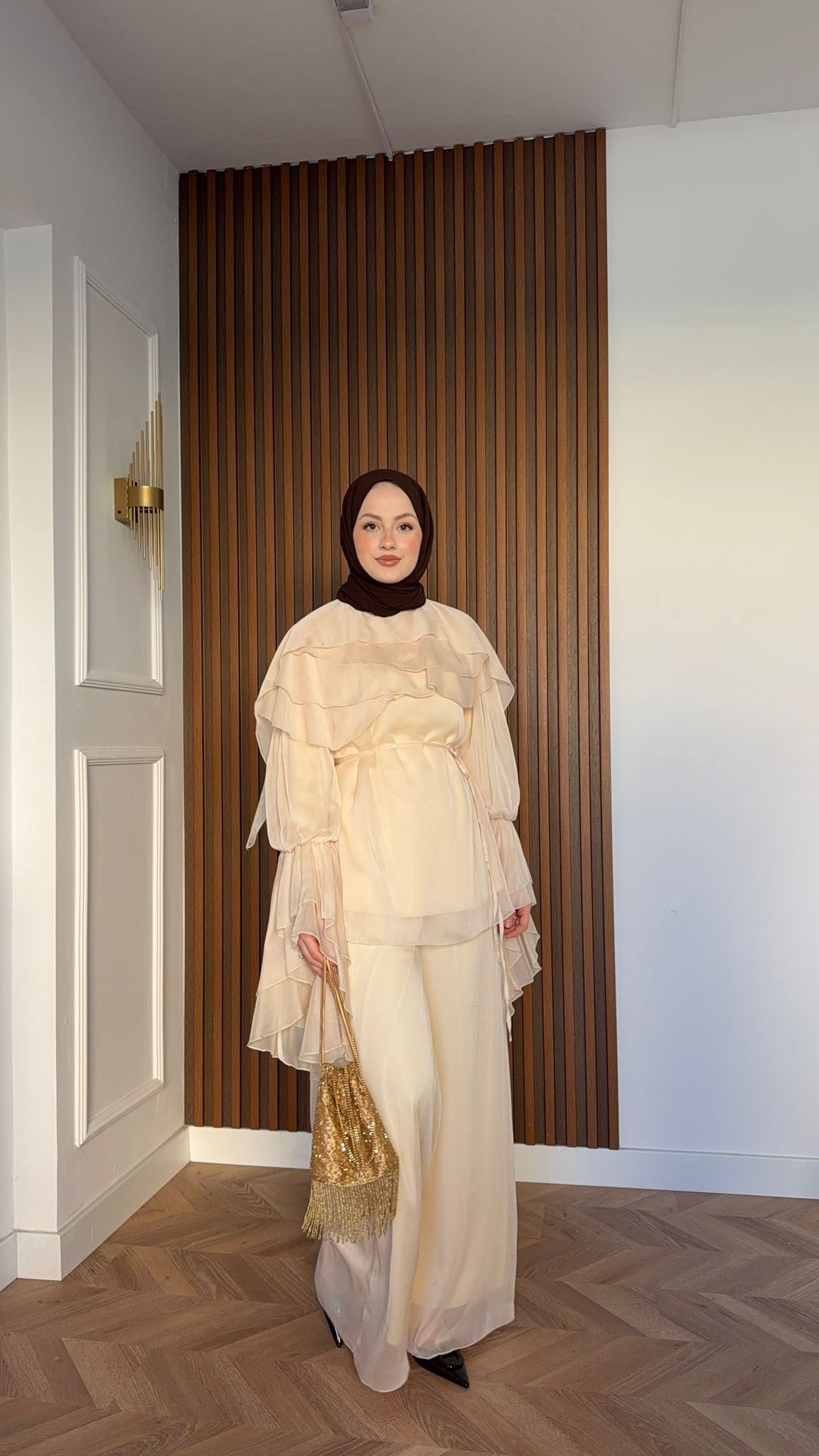 MEYSA TROUSER SETS Daphne Volan Detaylı Şifon Pantolonlu Takım Bej